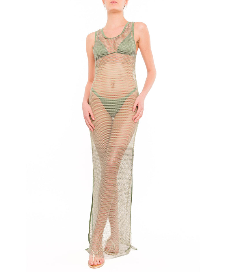 SAGE MESH TANK DRESS WITH PLACED CRYSTALS