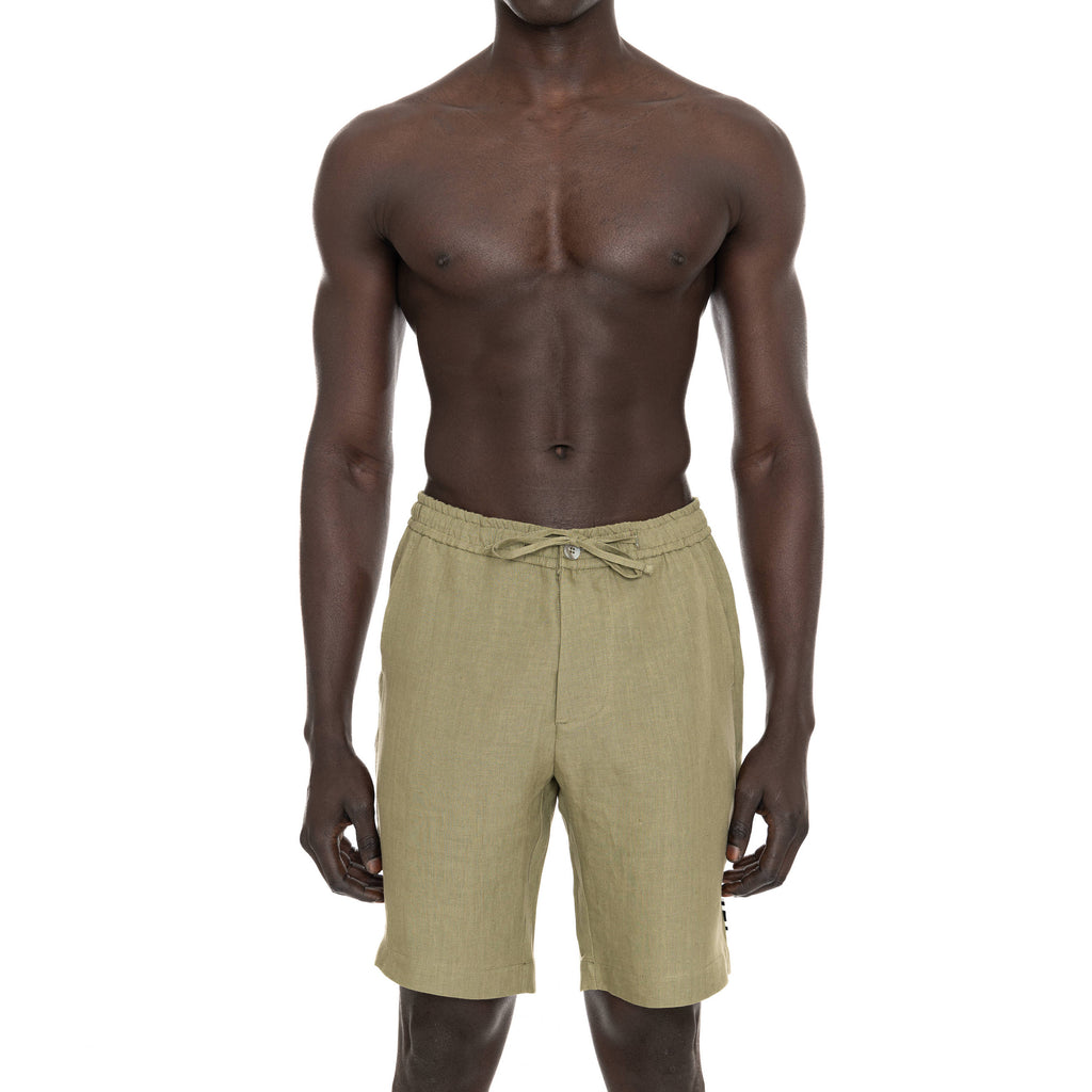 KHAKI ELASTICATED LINEN SHORT WITH DRAWSTRING