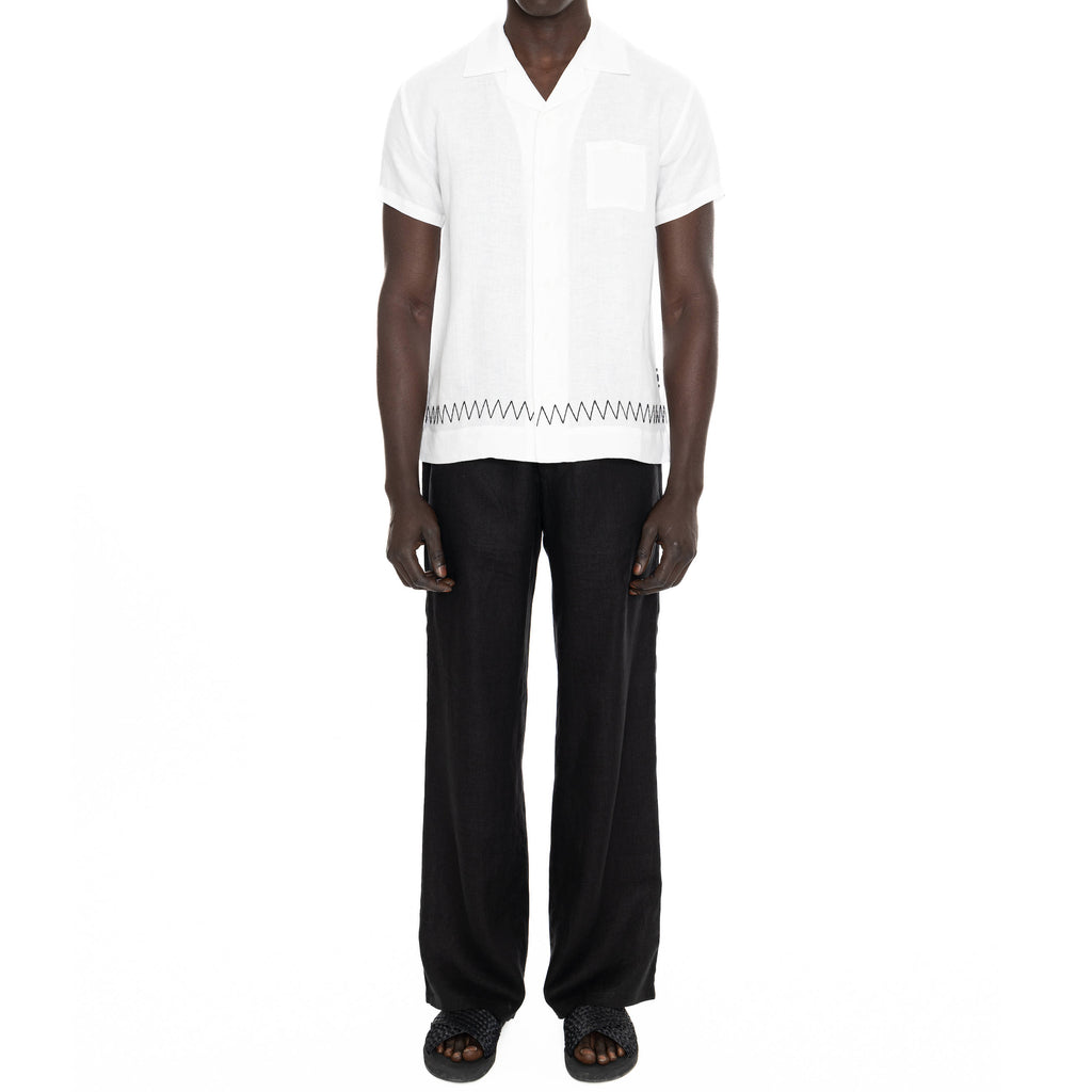 LINEN SHORT SLEEVE SHIRT WITH ZIG-ZAG EMBROIDERY