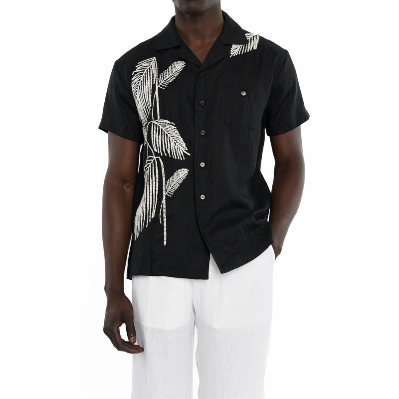 LINEN SHORT SLEEVE SHIRT WITH PALM EMBROIDERY