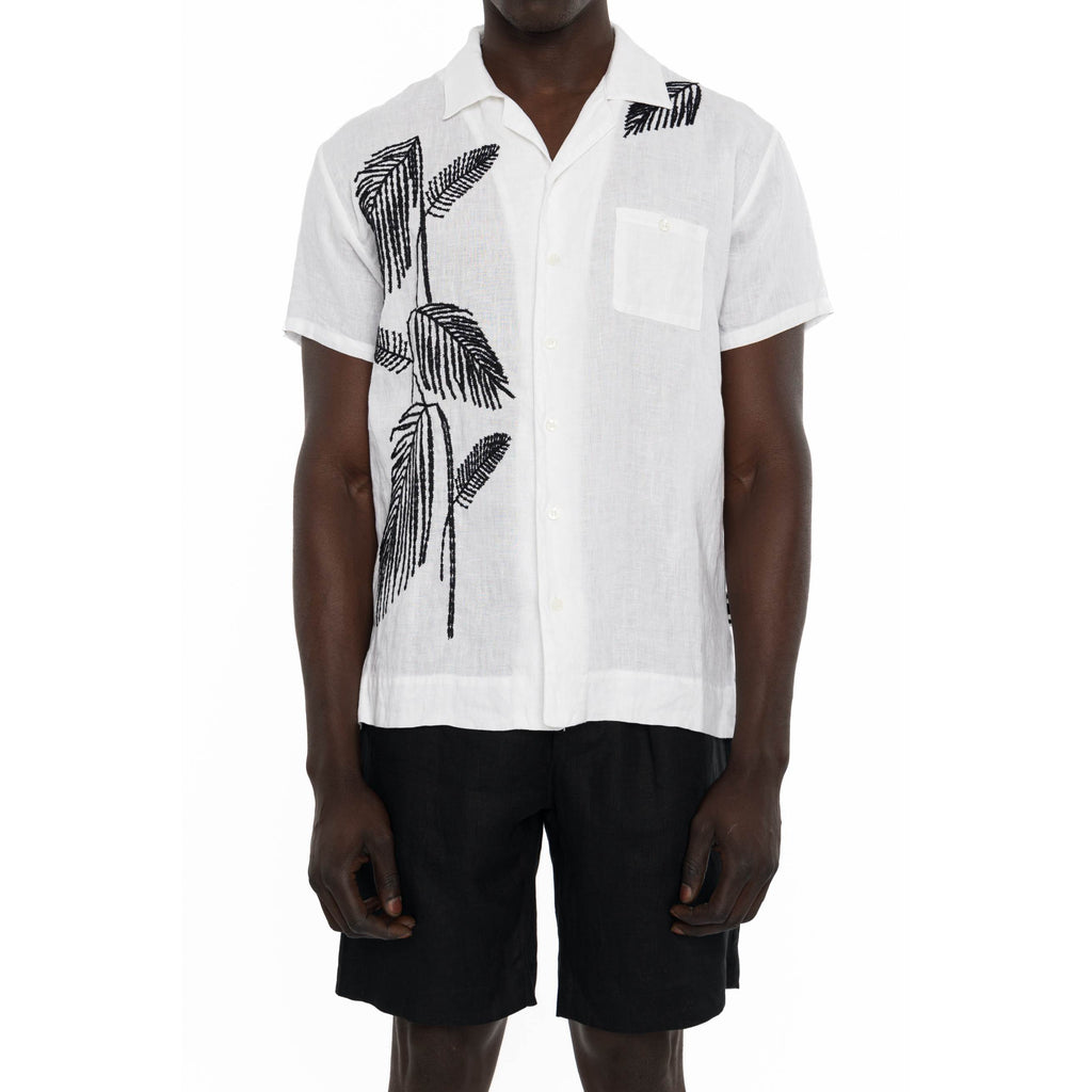 LINEN SHORT SLEEVE SHIRT WITH PALM EMBROIDERY