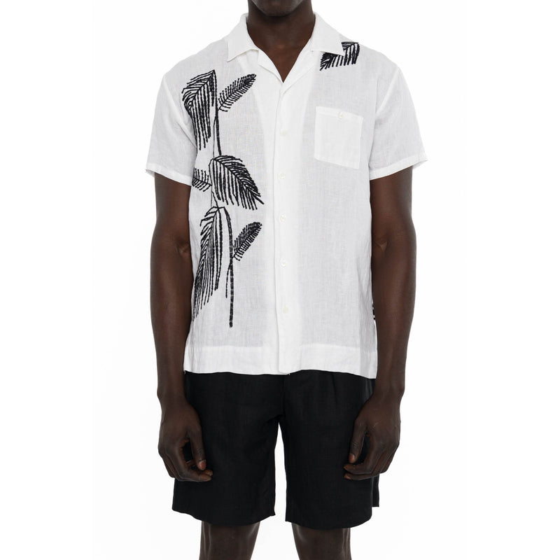 LINEN SHORT SLEEVE SHIRT WITH PALM EMBROIDERY