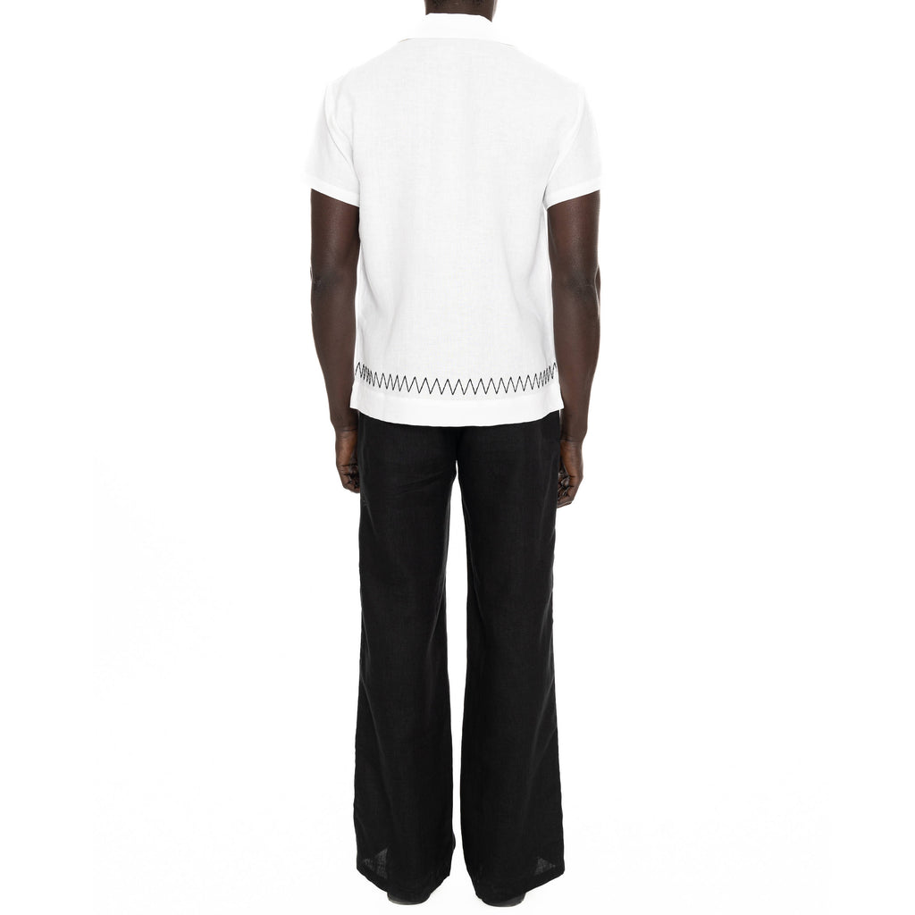 LINEN SHORT SLEEVE SHIRT WITH ZIG-ZAG EMBROIDERY