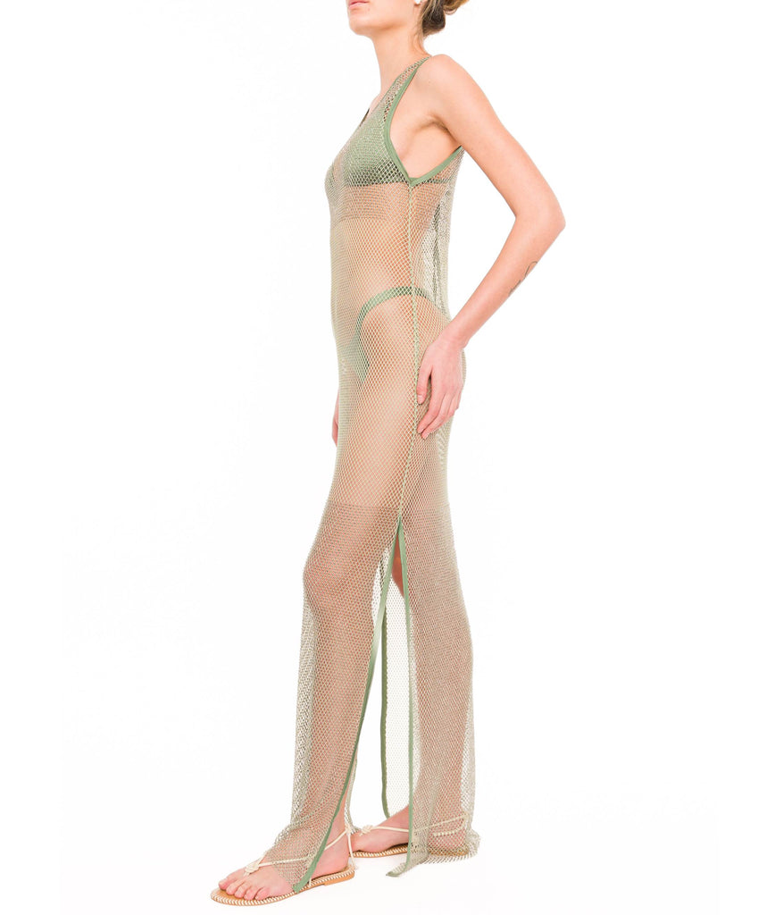 SAGE MESH TANK DRESS WITH PLACED CRYSTALS