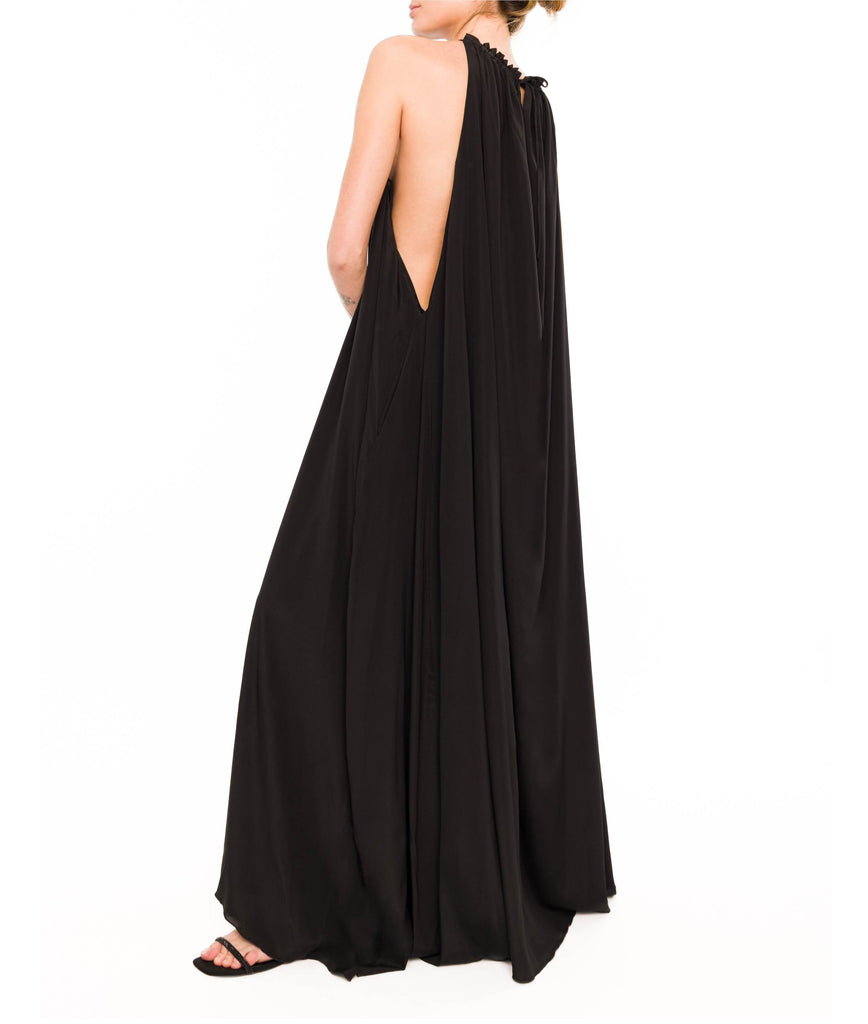 BLACK LONG HALTER DRESS