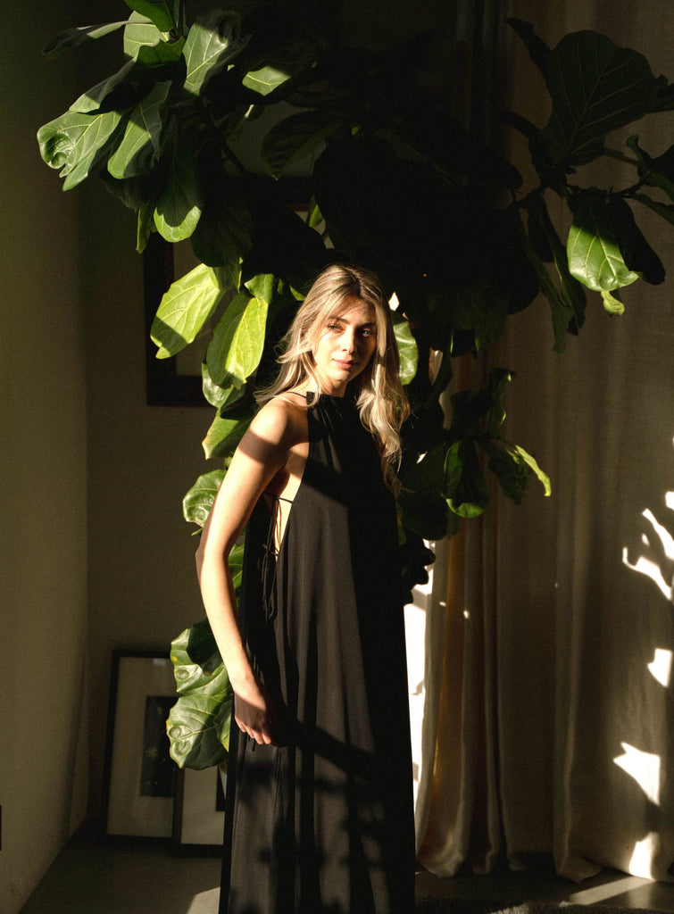 BLACK LONG HALTER DRESS