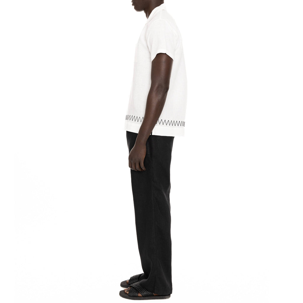 LINEN SHORT SLEEVE SHIRT WITH ZIG-ZAG EMBROIDERY