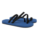 BICOLORED FLIP-FLOP WITH ASYMMETRIC CAGED UPPER,  BLUE WITH BLACK