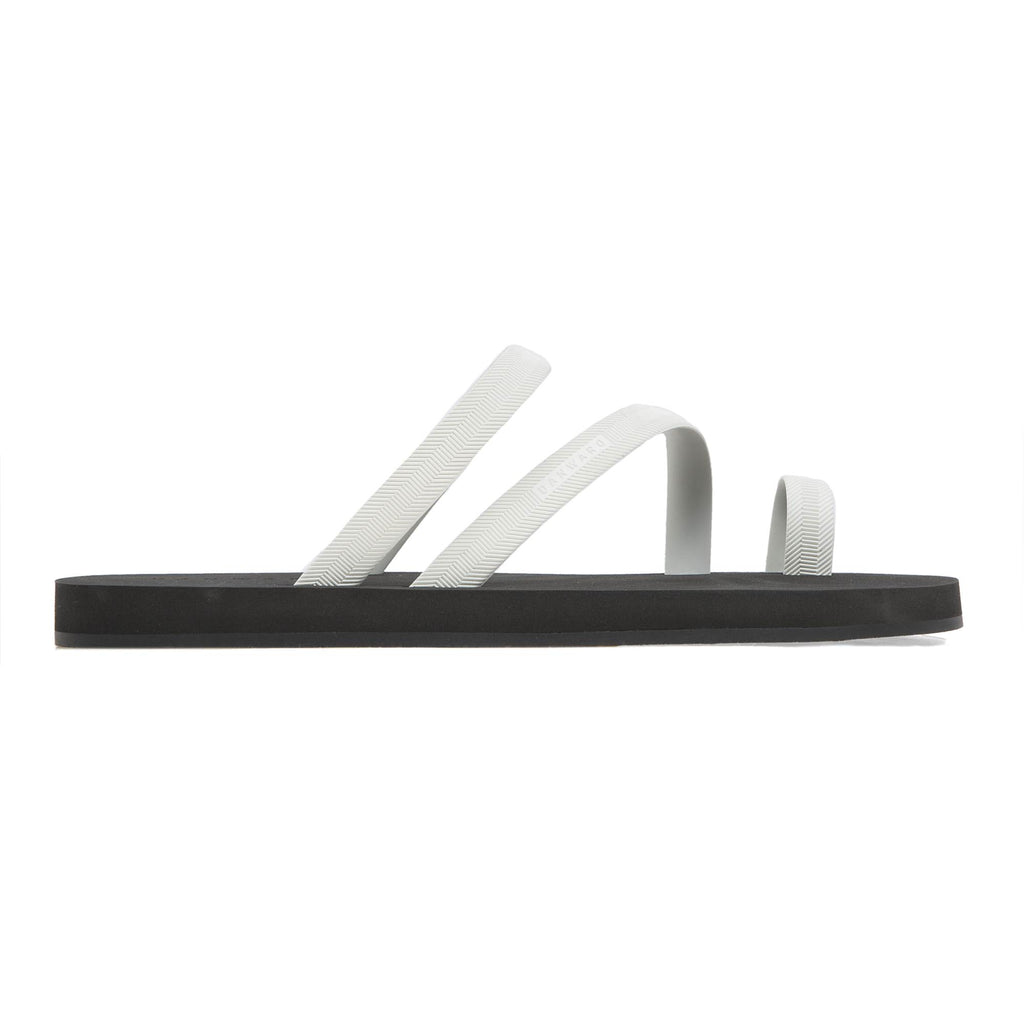 BICOLORED FLIP-FLOP WITH ASYMMETRIC CAGED UPPER,  BLACK WITH WHITE