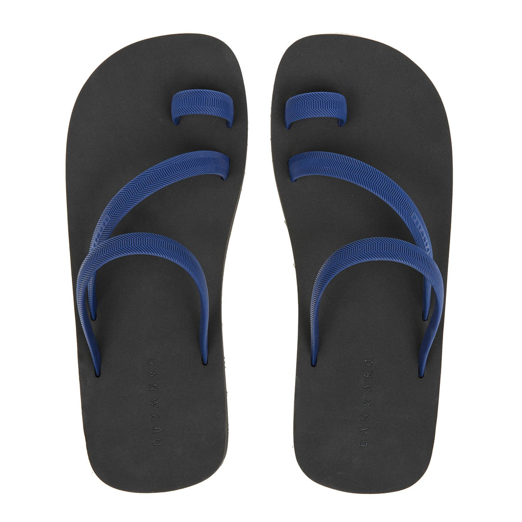 BICOLORED FLIP-FLOP WITH ASYMMETRIC CAGED UPPER,  BLACK WITH INDIGO