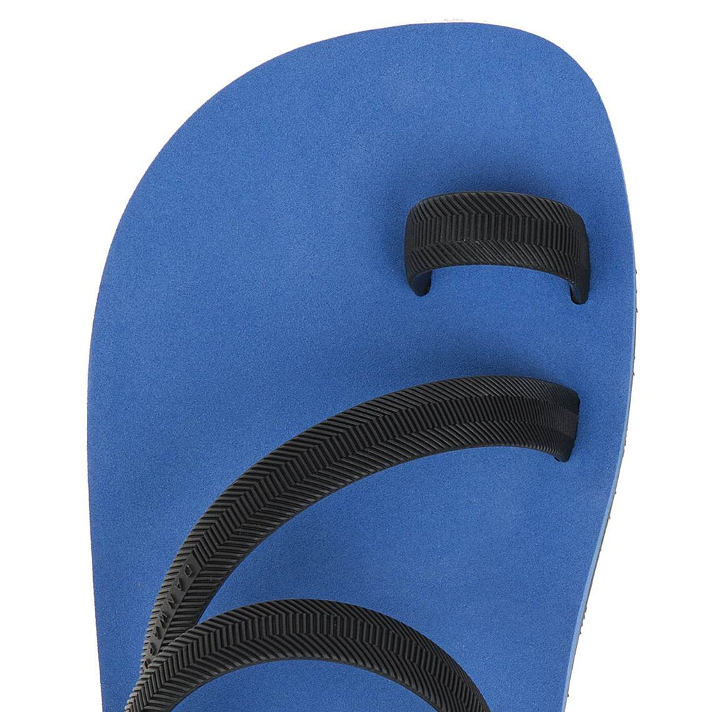 BICOLORED FLIP-FLOP WITH ASYMMETRIC CAGED UPPER,  BLUE WITH BLACK