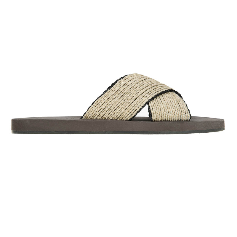 CRISS-CROSS BICOLORED RAFFIA AND LEATHER LINED BEACH SLIDE WITH MICRO BOTTOM
