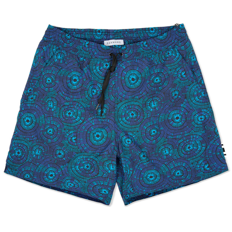 NAVY PRINT ELASTICATED MID-LENGTH SWIM SHORT