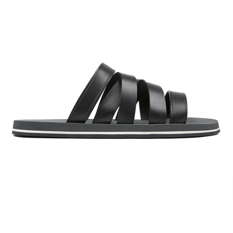 BLACK ASYMMETRICAL MULTI-STRAPPED LEATHER SANDAL WITH MICRO SOLE