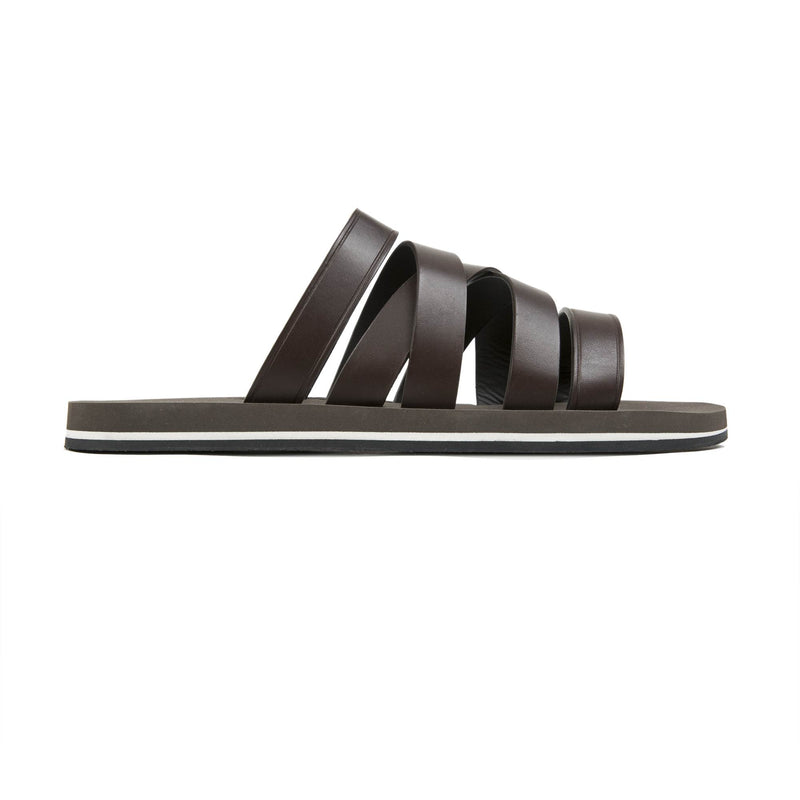 BROWN ASYMMETRICAL MULTI-STRAPPED LEATHER SANDAL WITH MICRO SOLE