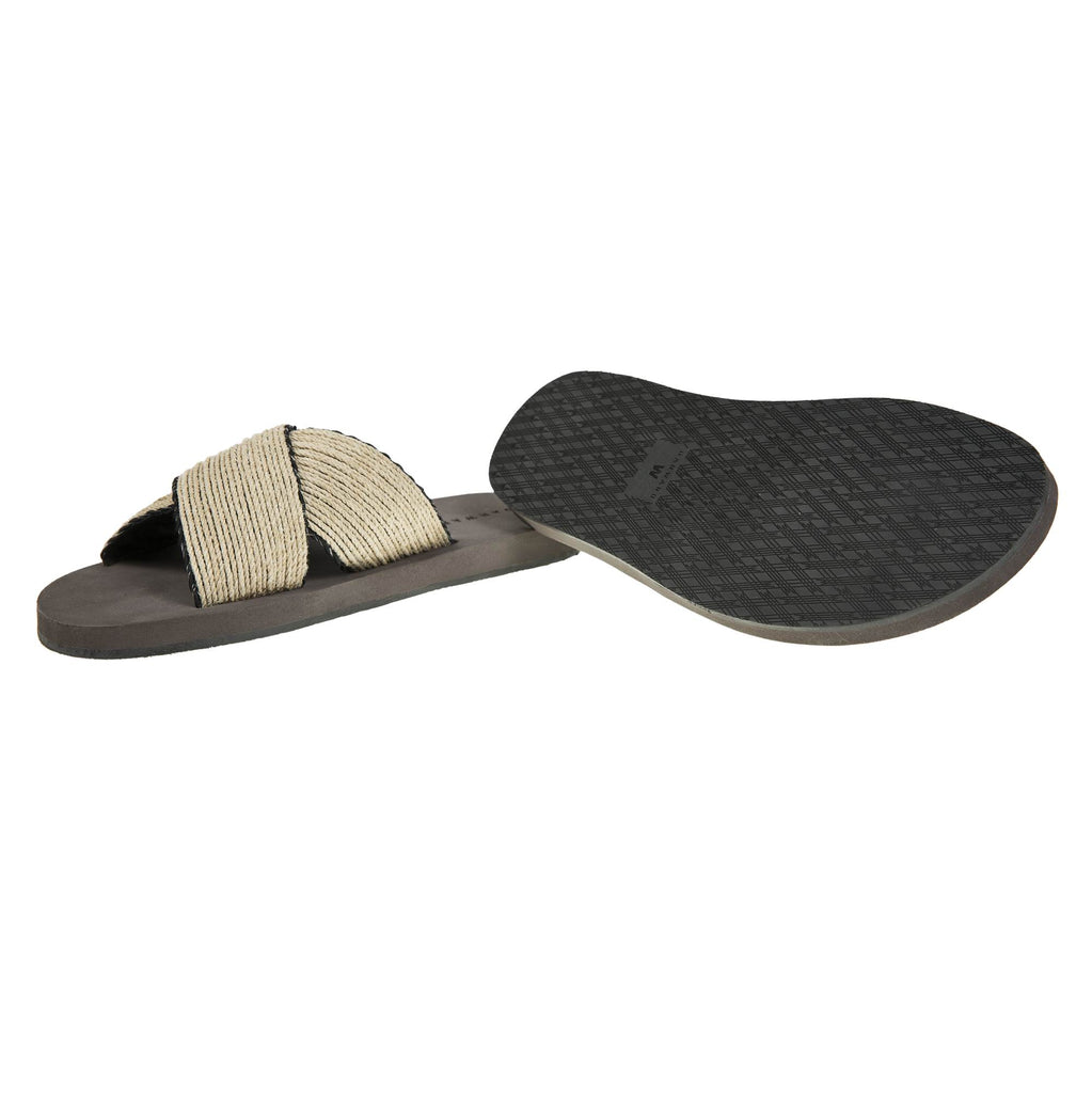 CRISS-CROSS BICOLORED RAFFIA AND LEATHER LINED BEACH SLIDE WITH MICRO BOTTOM
