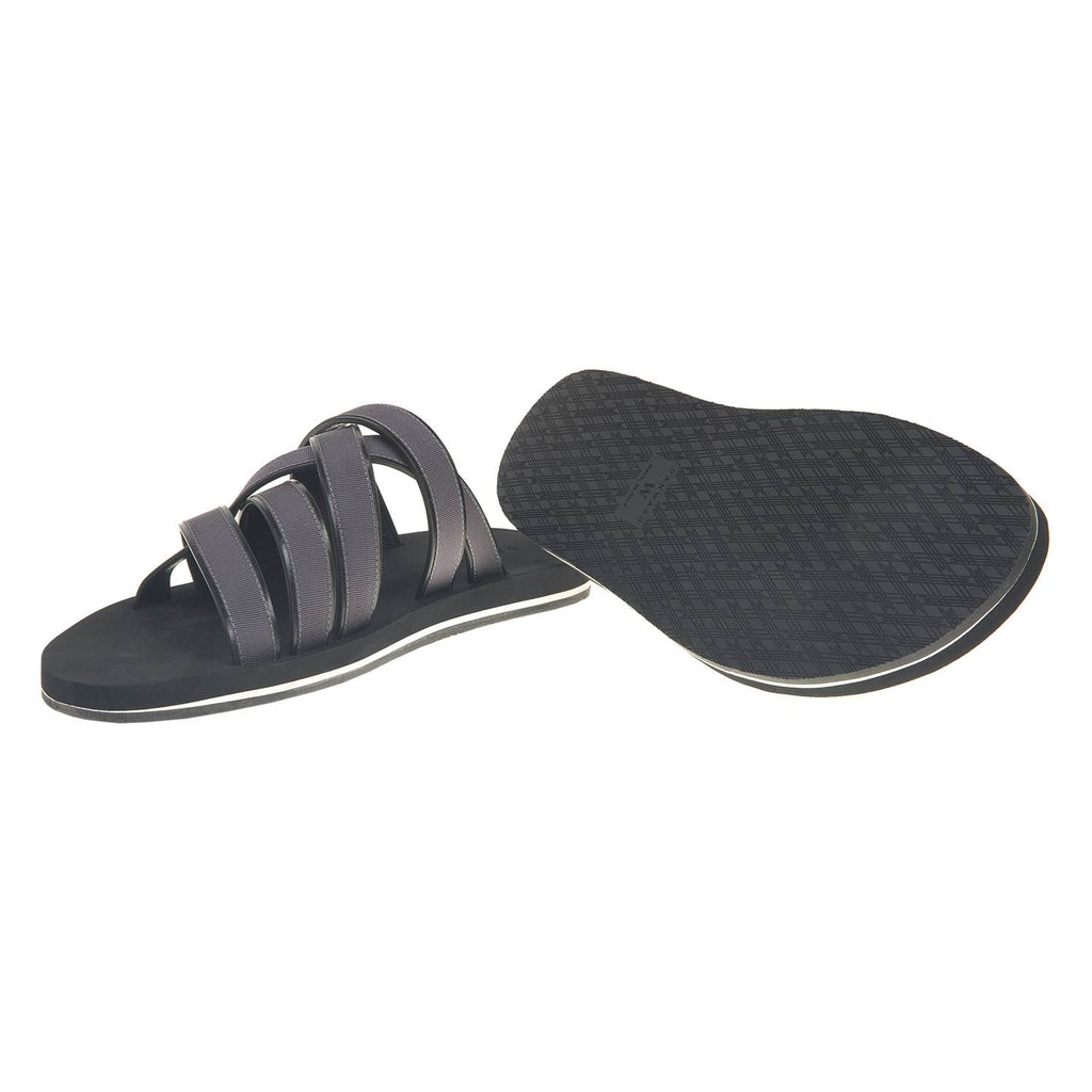 LEATHER AND COTTON WEBBED MULTI-STRAPPED SANDAL WITH BICOLORED MICRO SOLE