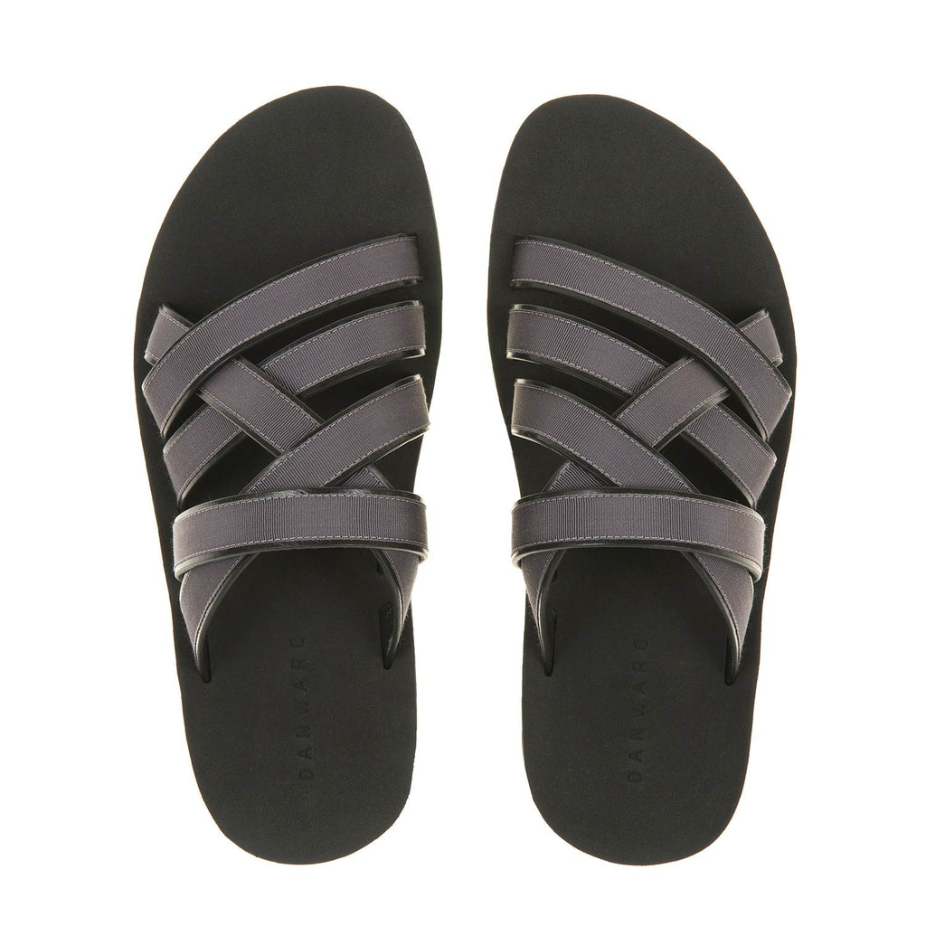 LEATHER AND COTTON WEBBED MULTI-STRAPPED SANDAL WITH BICOLORED MICRO SOLE