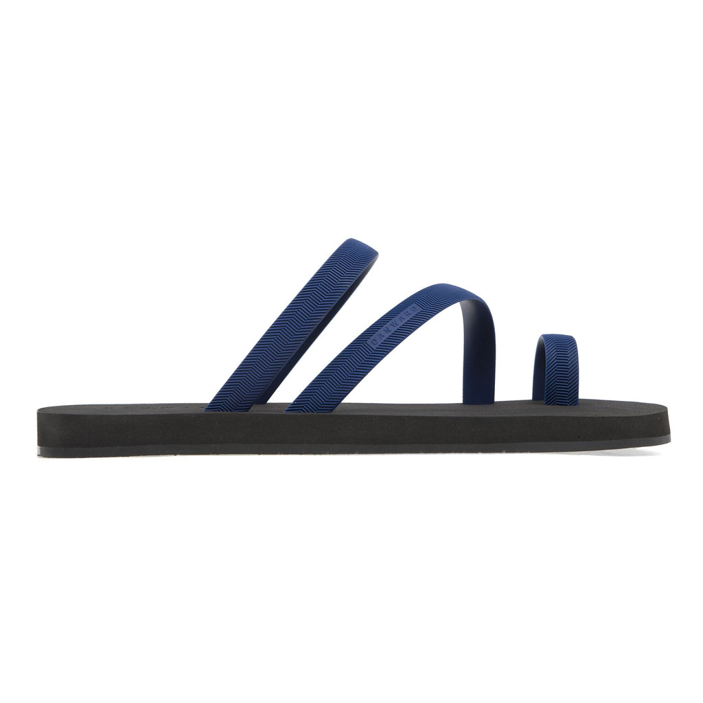 BICOLORED FLIP-FLOP WITH ASYMMETRIC CAGED UPPER,  BLACK WITH INDIGO