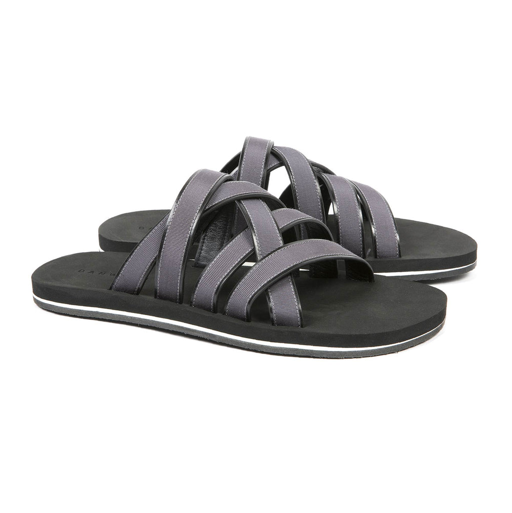 LEATHER AND COTTON WEBBED MULTI-STRAPPED SANDAL WITH BICOLORED MICRO SOLE