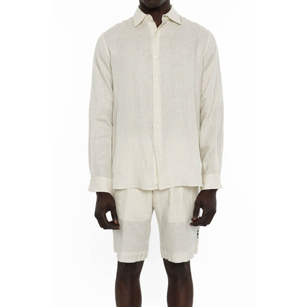 Men's White Collar Button Detail 100% Linen Shirt - Wessi
