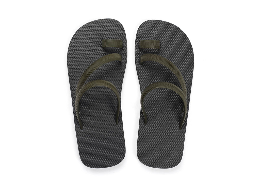 BICOLORED FLIP-FLOP WITH ASYMMETRIC CAGED UPPER,  BLACK WITH KHAKI