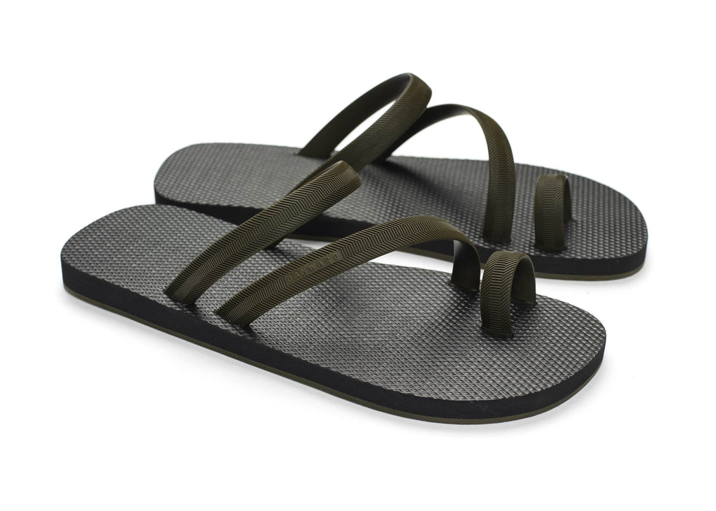 BICOLORED FLIP-FLOP WITH ASYMMETRIC CAGED UPPER,  BLACK WITH KHAKI