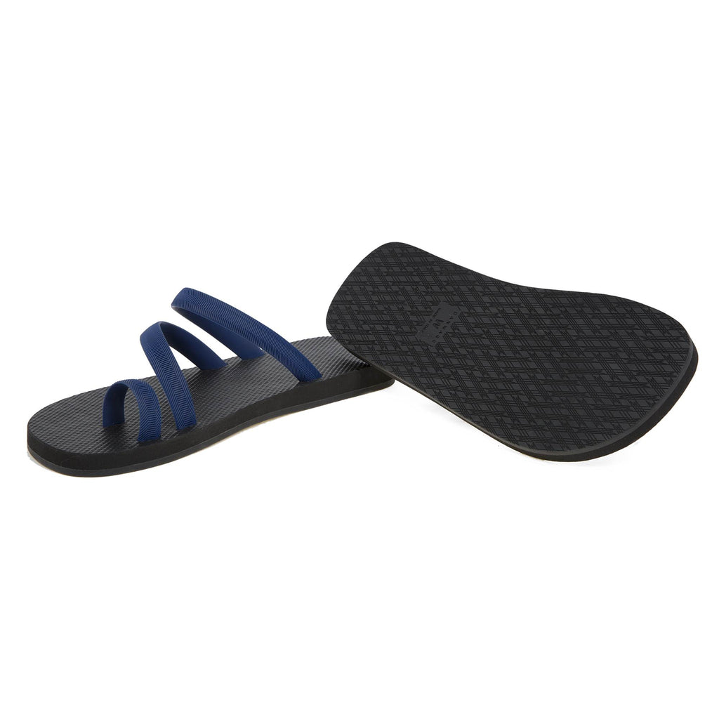 BICOLORED FLIP-FLOP WITH ASYMMETRIC CAGED UPPER,  BLACK WITH INDIGO