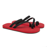 BICOLORED FLIP-FLOP WITH ASYMMETRIC CAGED UPPER,  RED WITH BLACK