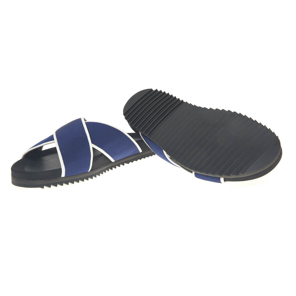 LEATHER AND NYLON WEBBED BEACH SLIDE WITH RUBBER SHARK TOOTH BOTTOM