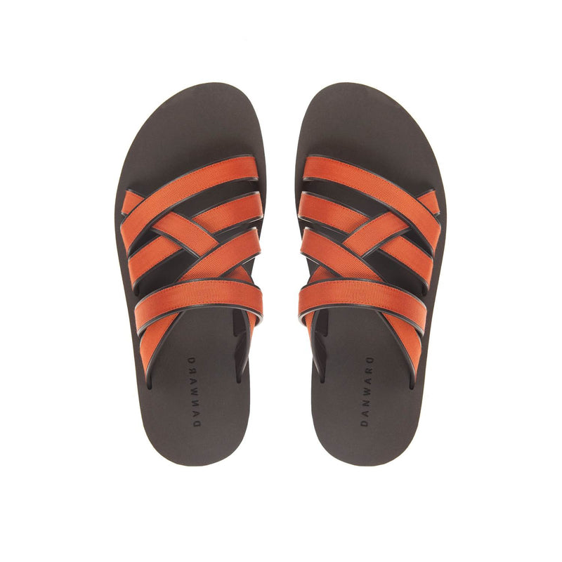 LEATHER AND COTTON WEBBED MULTI-STRAPPED SANDAL WITH BICOLORED MICRO SOLE