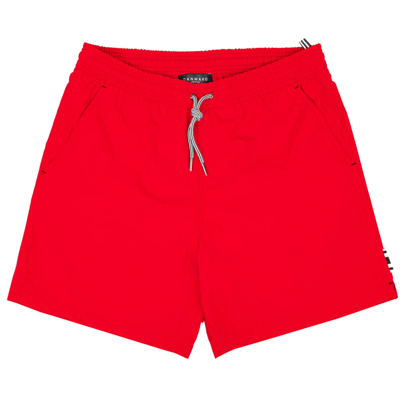 RED ELASTICATED NYLON LONG SWIM SHORT