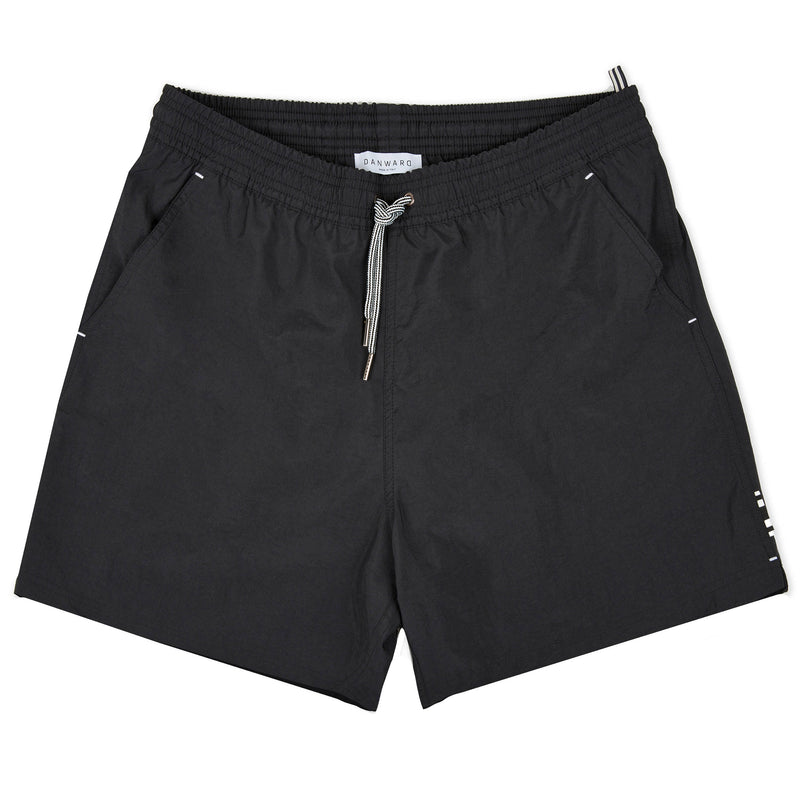 BLACK ELASTICATED NYLON LONG SWIM SHORT