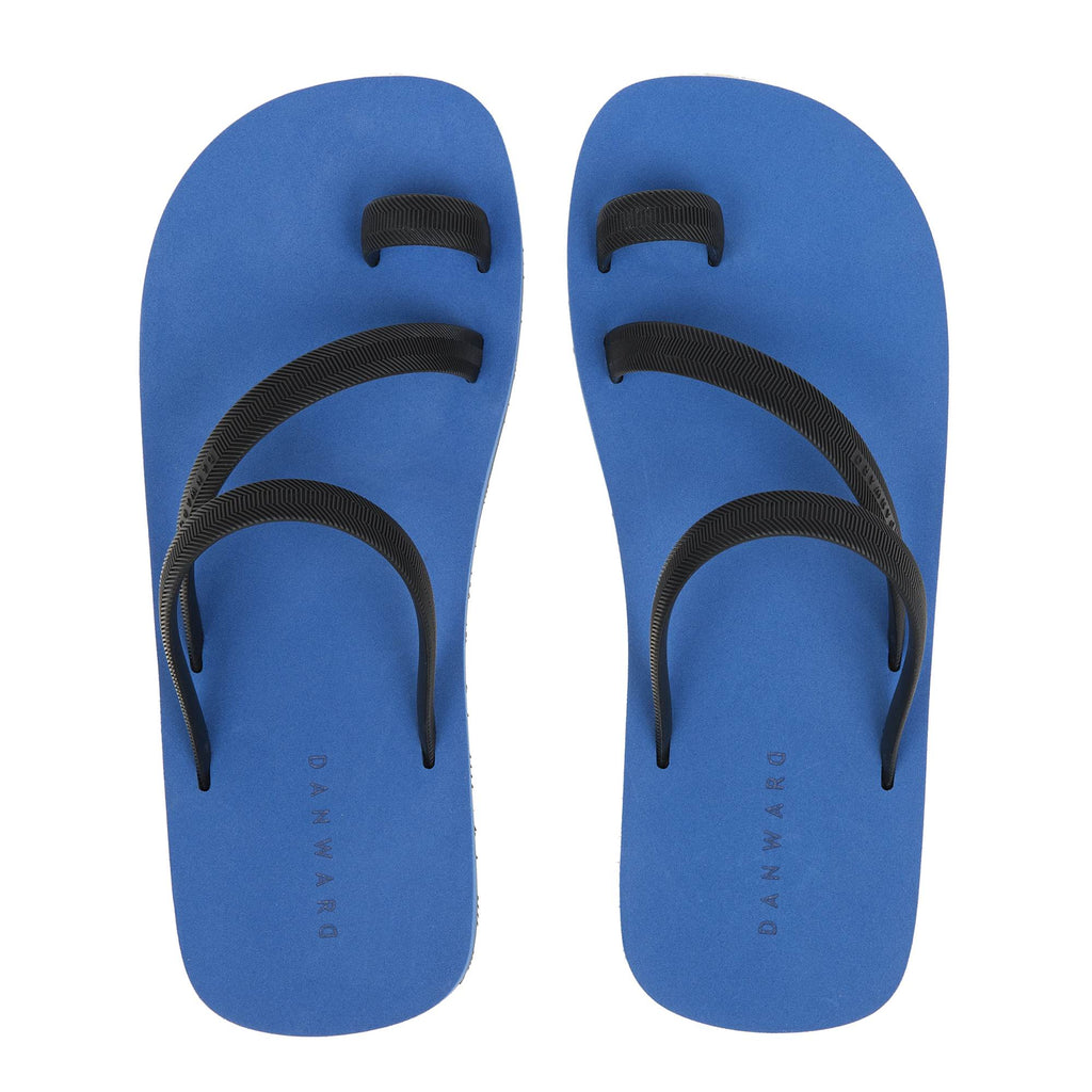 BICOLORED FLIP-FLOP WITH ASYMMETRIC CAGED UPPER,  BLUE WITH BLACK