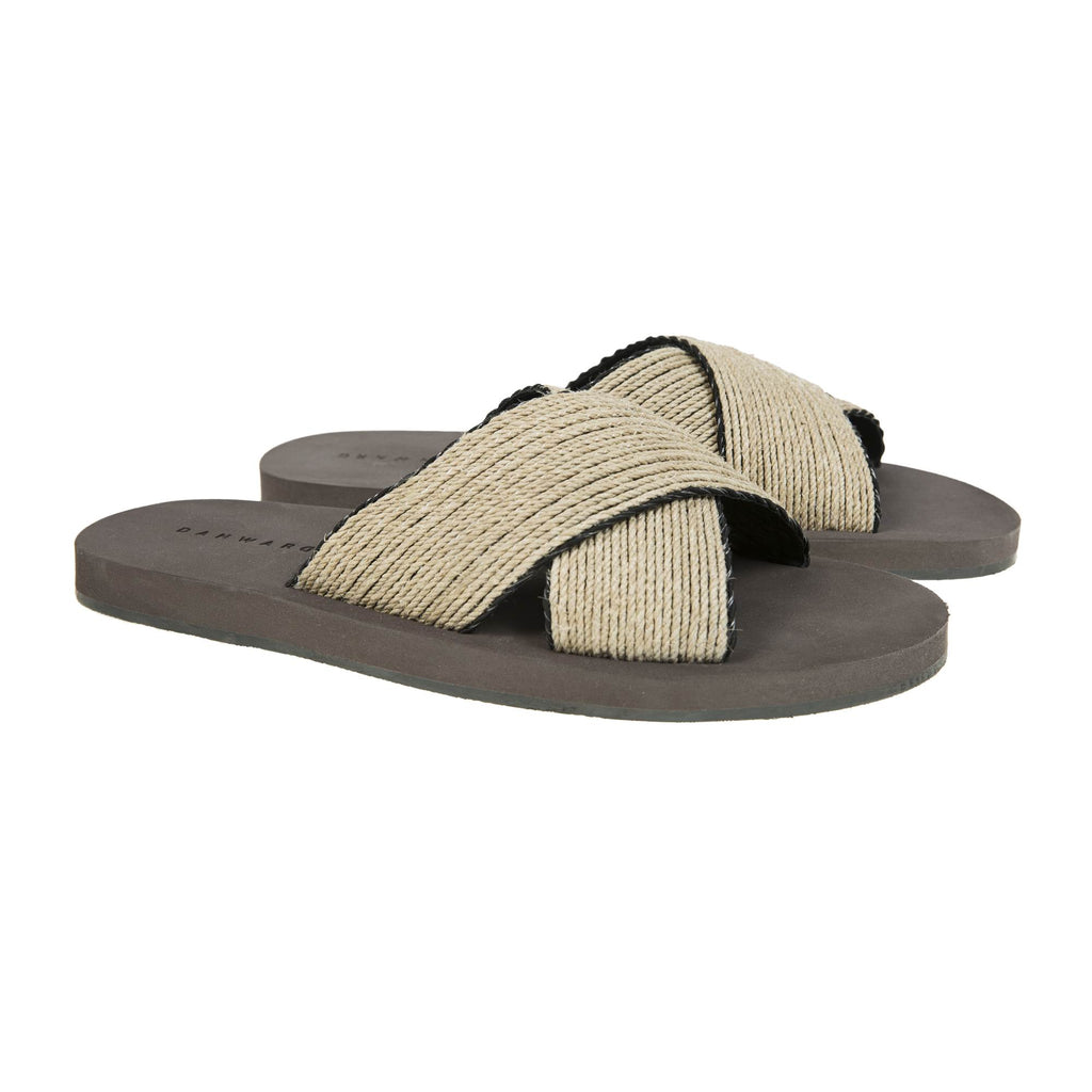 CRISS-CROSS BICOLORED RAFFIA AND LEATHER LINED BEACH SLIDE WITH MICRO BOTTOM