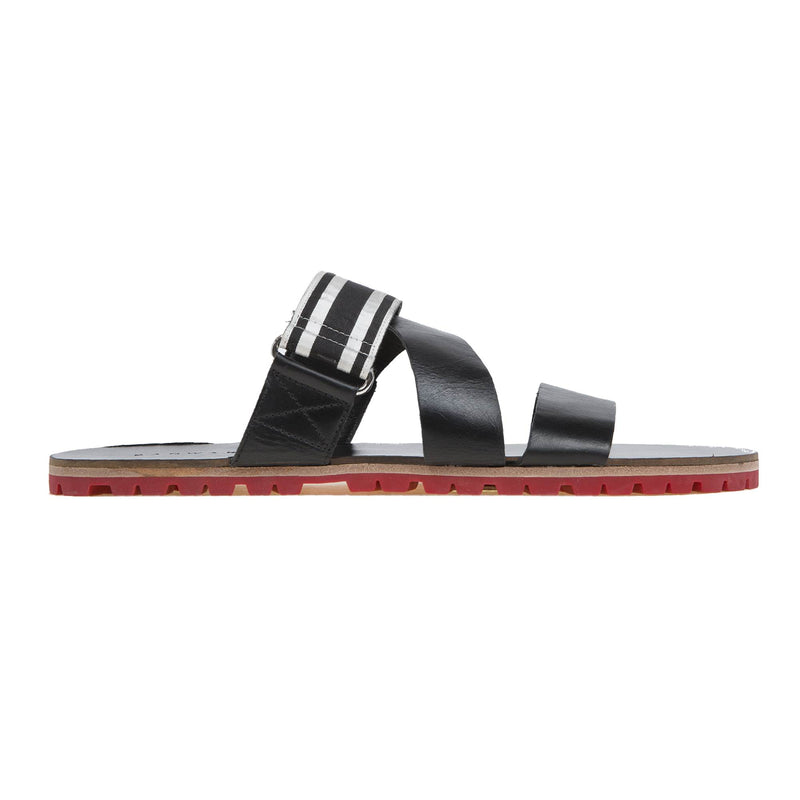 LEATHER MULTI-STRAPPED SLIDE WITH RED LUG SOLE AND GROSGRAIN TRIM