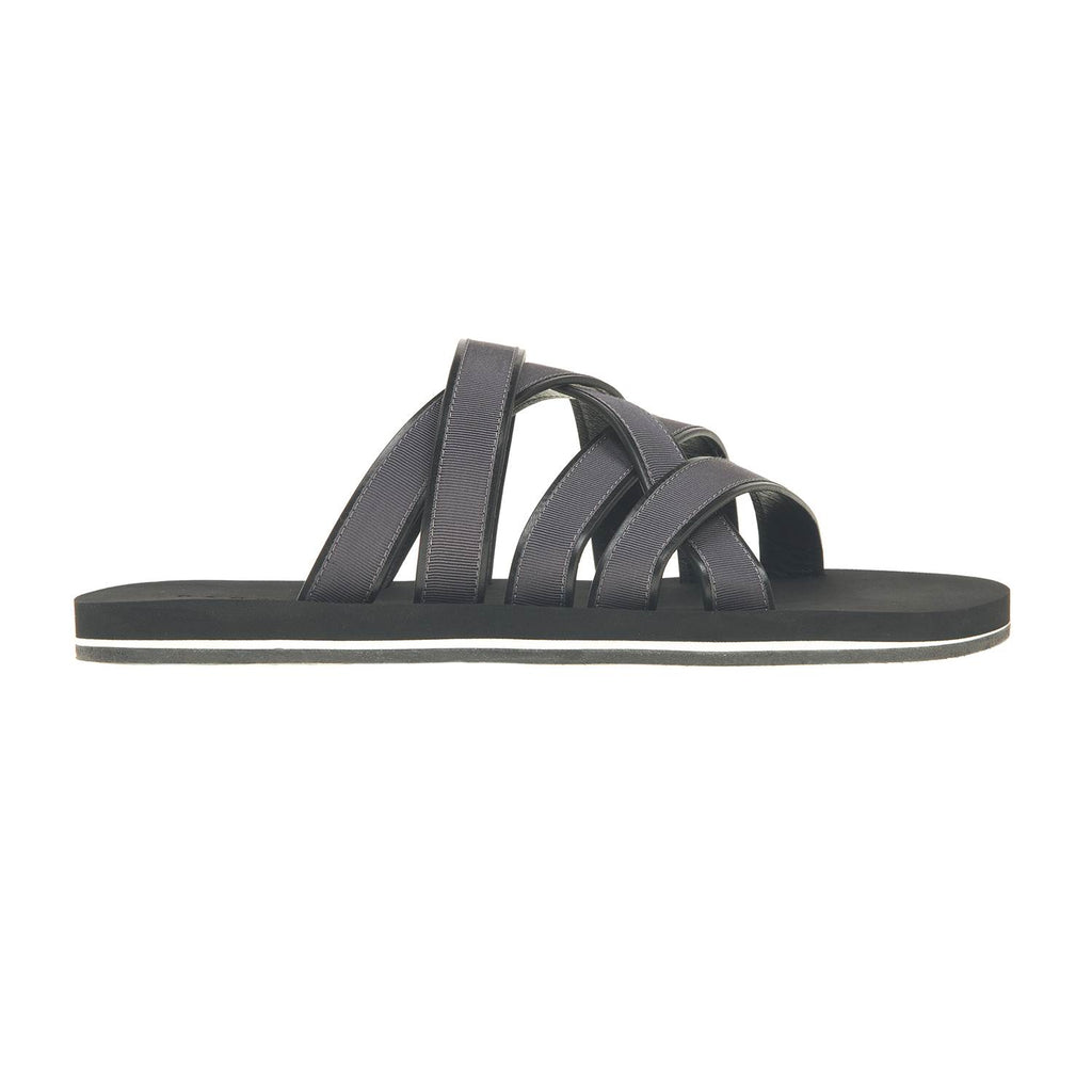 LEATHER AND COTTON WEBBED MULTI-STRAPPED SANDAL WITH BICOLORED MICRO SOLE