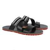 LEATHER MULTI-STRAPPED SLIDE WITH RED LUG SOLE AND GROSGRAIN TRIM