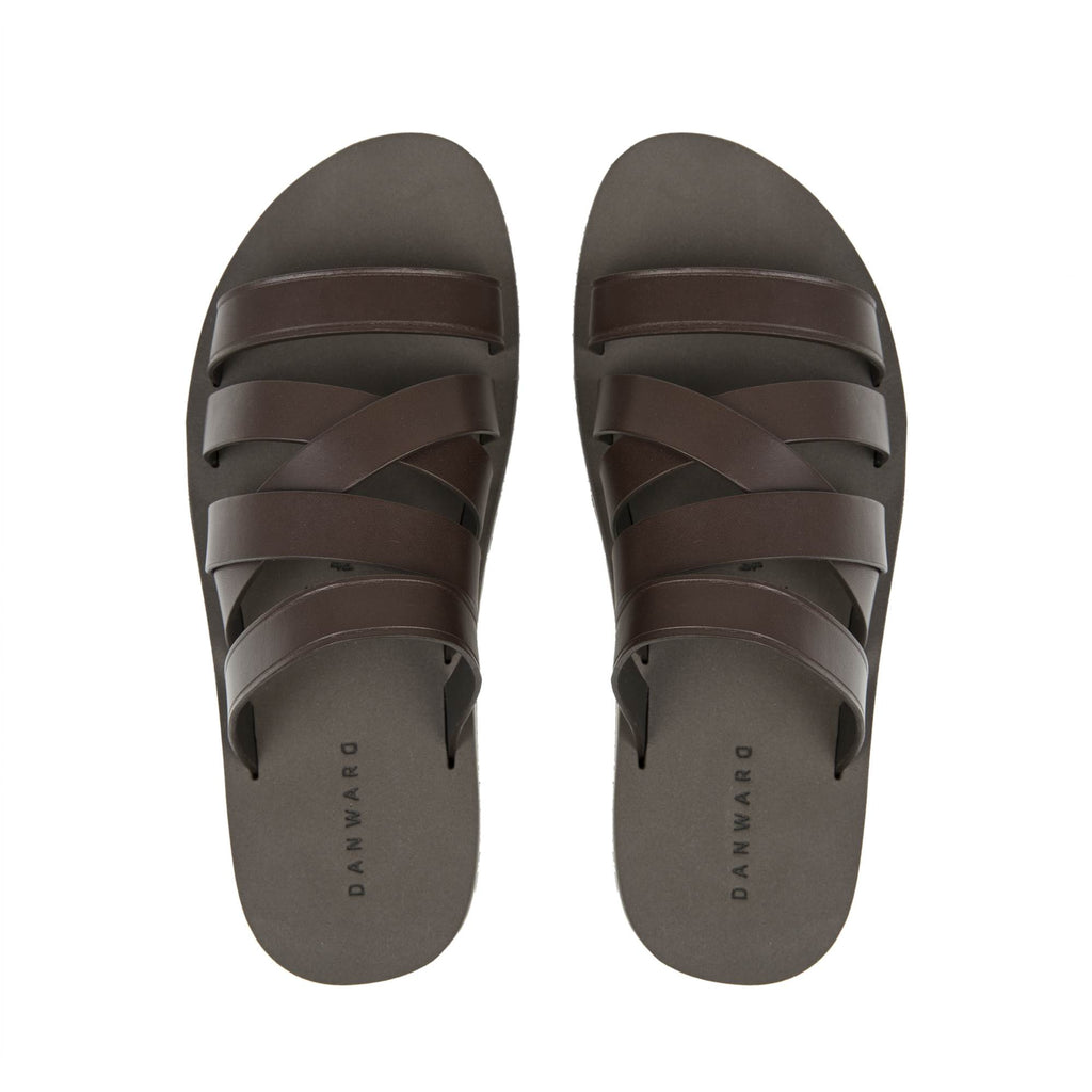 BROWN ASYMMETRICAL MULTI-STRAPPED LEATHER SANDAL WITH MICRO SOLE
