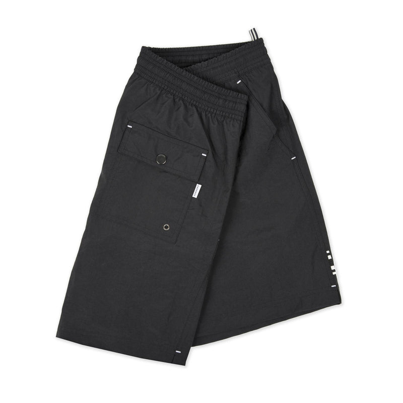 BLACK ELASTICATED NYLON LONG SWIM SHORT