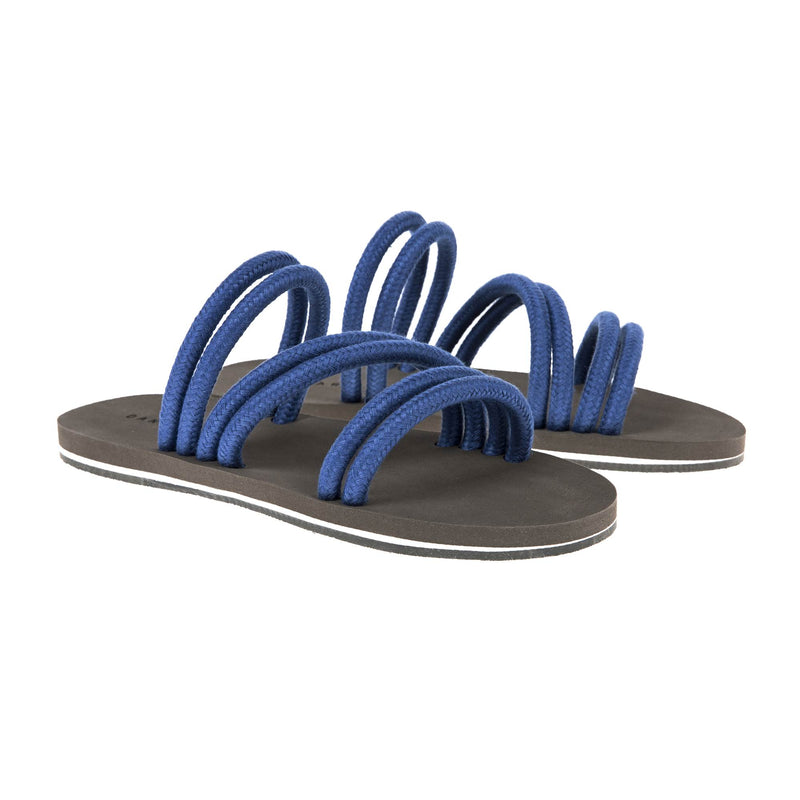 BLUE MULTI-STRAPPED LINEN CORD SANDAL WITH BICOLORED MICRO SOLE