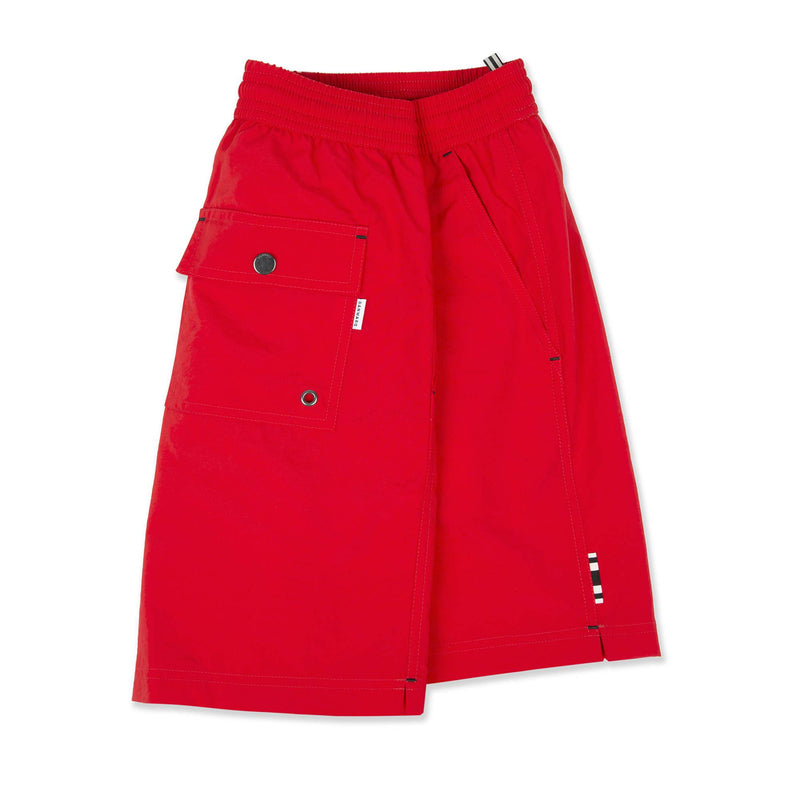 RED ELASTICATED NYLON LONG SWIM SHORT