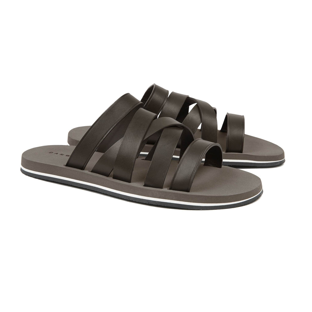 BROWN ASYMMETRICAL MULTI-STRAPPED LEATHER SANDAL WITH MICRO SOLE
