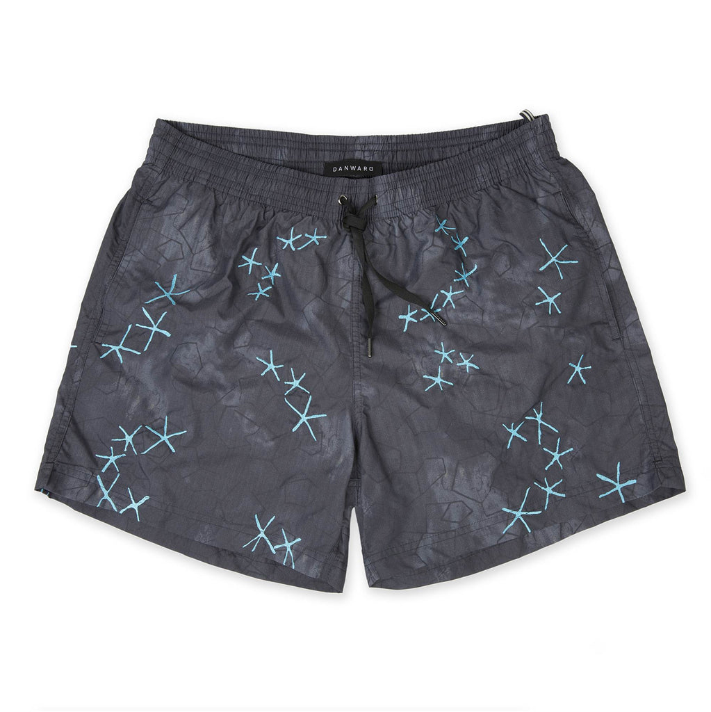ELASTICATED MID-LENGTH SWIM SHORT WITH BLUE EMBROIDERY