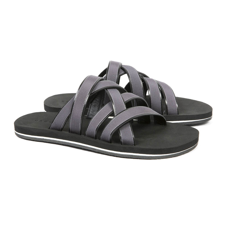 LEATHER AND COTTON WEBBED MULTI-STRAPPED SANDAL WITH BICOLORED MICRO SOLE