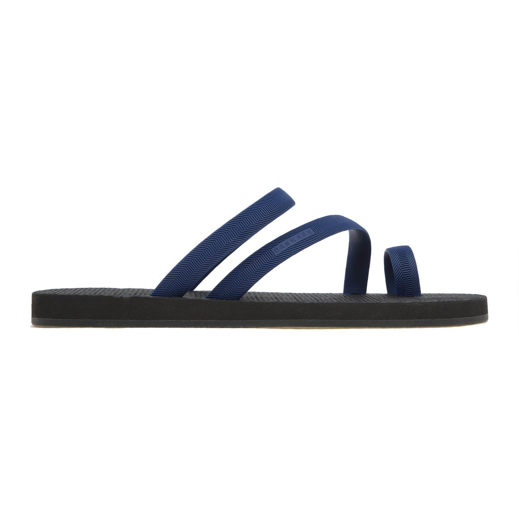 BICOLORED FLIP-FLOP WITH ASYMMETRIC CAGED UPPER,  BLACK WITH INDIGO